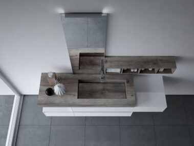 Badausstellung Osnabrück - ideagroup-nyu-badmöbel - mit integriertem Waschbecken aus Laminat Unicolor HPL Texas, Wandspiegel aus Aluminium