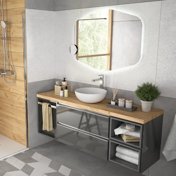 Badmöbel 160 cm SPIRIT in Anthrazit mit eleganter Holzplatte