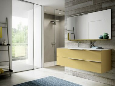 Badmöbel IDEA_Unterteile und Regal Senape matt lackiert, Top Mineralsolid Weiß matt mit integriertem Waschbecken