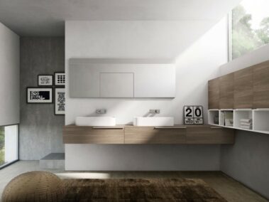 Badmöbel IDEA_Unterteile und top Olmo Nocciola Keramikbecken, Oberschränke Olmo Nocciola, Offene Elemente matt Weiss lackiert-badausstellung osnabrück