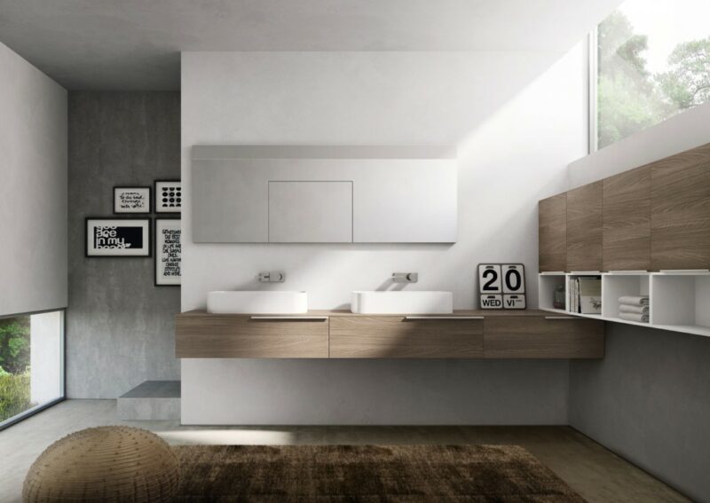 Badmöbel IDEA_Unterteile und top Olmo Nocciola Keramikbecken, Oberschränke Olmo Nocciola, Offene Elemente matt Weiss lackiert-badausstellung osnabrück