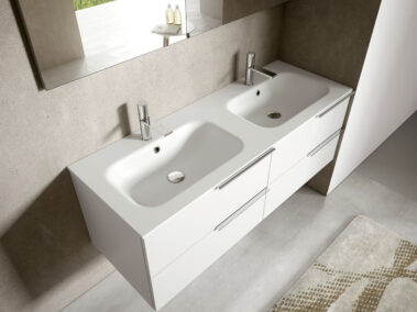 Badmöbel IDEA_Unterteilen matt lackiert Weiß, Top in Weiß matt Mineralsolid mit integriertem Waschbecken