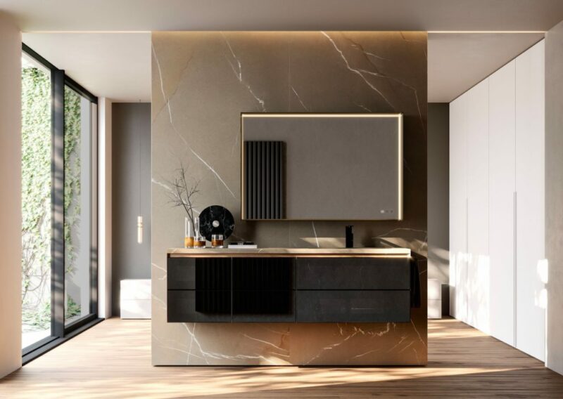 Badmöbel-Serie Cubik Spiegel Pigreco aus Aluminium in der Ausführung Nero