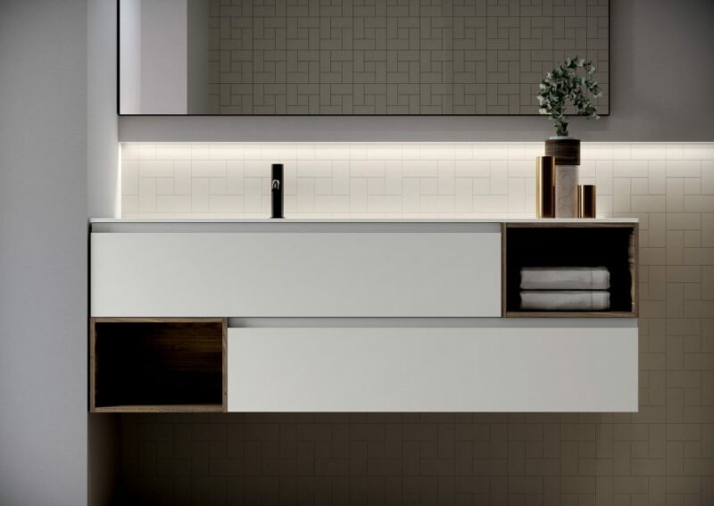 Badmöbel-ideagroup_Platte mit integriertem Waschbecken aus Mineralsolid. Spiegel Sae aus schwarzem Aluminium