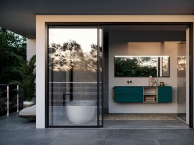 Badmöbel-ideagroup_Waschbecken-Unterschrank in der Lackausführung Verde Bluastro Soft Touch