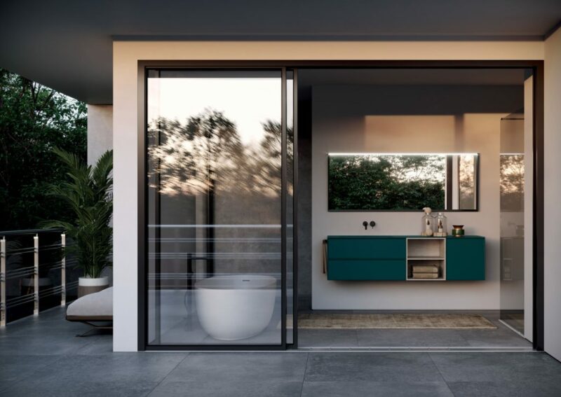 Badmöbel-ideagroup_Waschbecken-Unterschrank in der Lackausführung Verde Bluastro Soft Touch