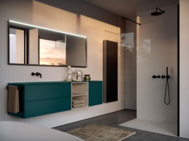 Badmöbel-ideagroup_Waschbecken-Unterschrank in der Lackausführung Verde Bluastro Soft Touch.