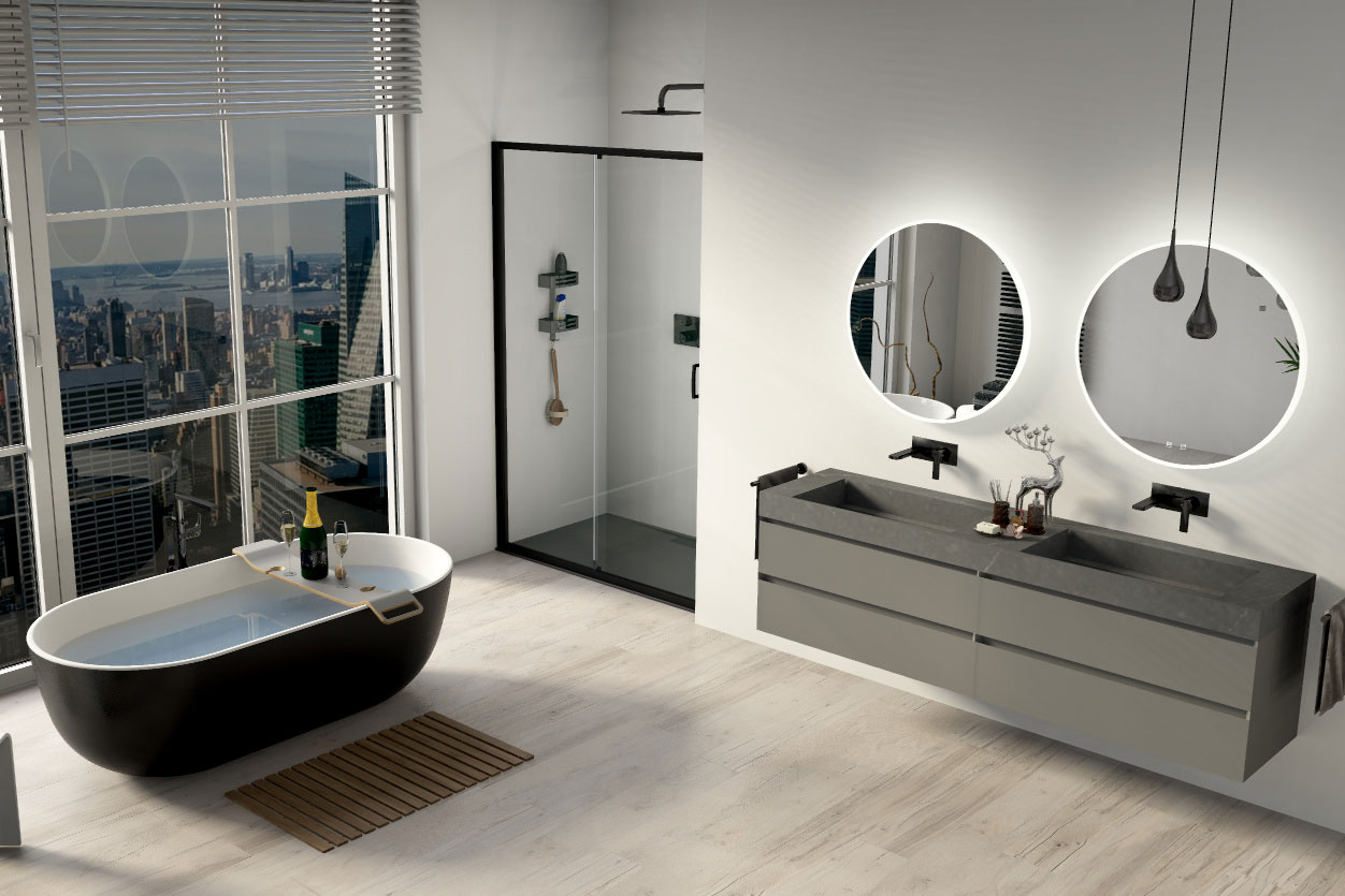 Die perfekte Harmonie aus moderner Eleganz - freistehende, zwei-farbige Badewanne und anthrazitfarbene Badmöbel mit Corean Doppelwaschtisch für Ihr Badezimmer.