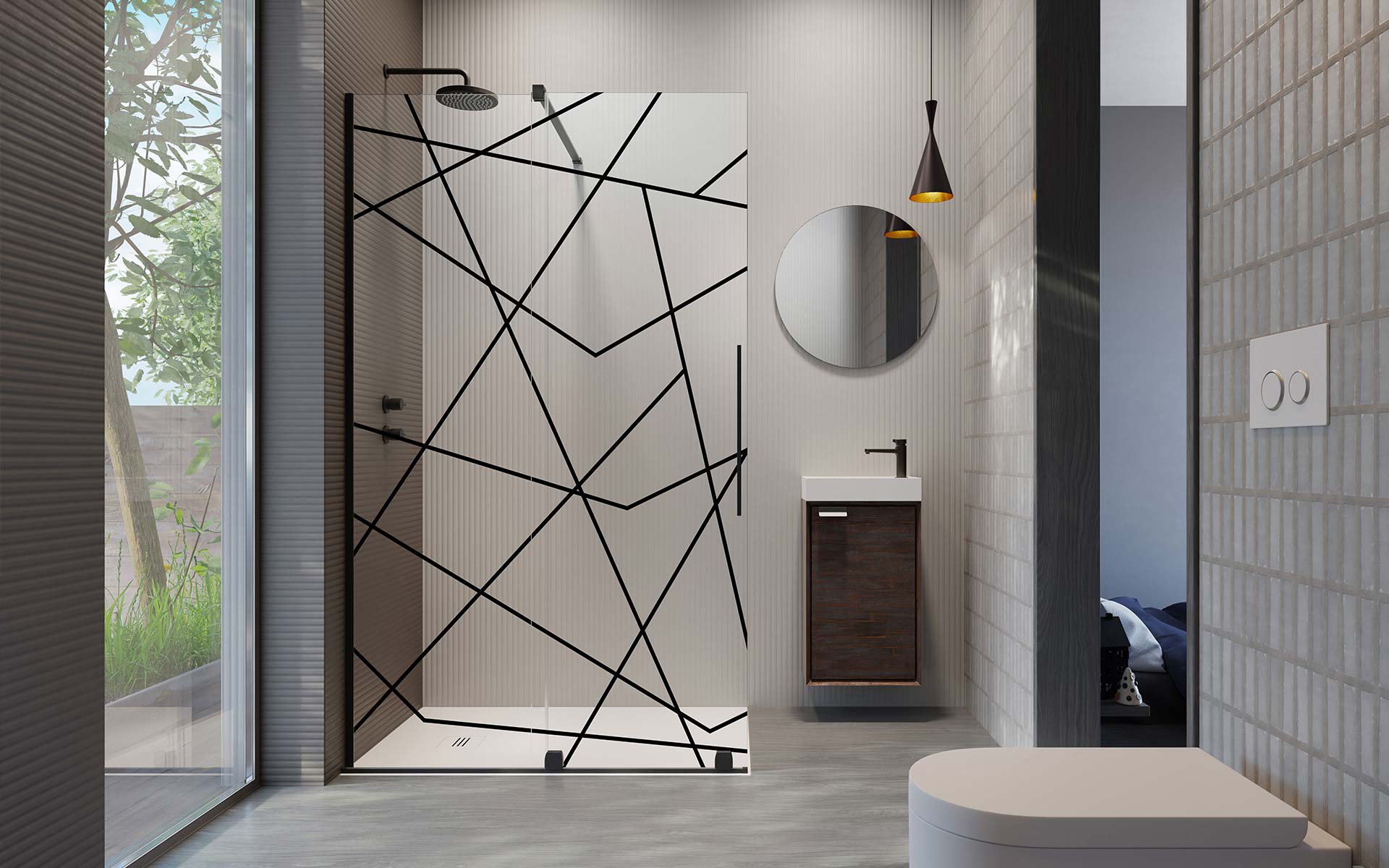 Maßgefertigte Duschkabine mit Digitaldruck: Moderne Eleganz in Schwarz