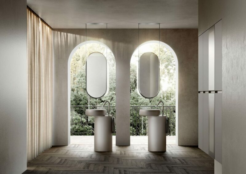 Bodenstehende Waschtisch-Unterschränke Beauty aus Cristalplant Bianco mit Außenseite in der Lackausführung Metal Color Titanio