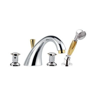 Wannen-Vierlochbatterie für Wannenrandmontage mit Gussauslauf, Ablenker und Handbrause aus Messing