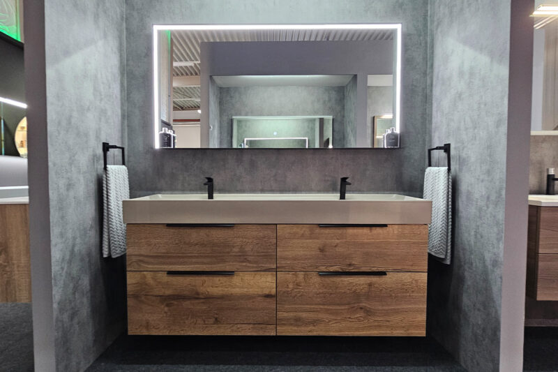 Badmöbel Set Doppelwaschtisch 160 cm Tabak Eiche Waschtisch mit Keramik 160 TAUPE matt