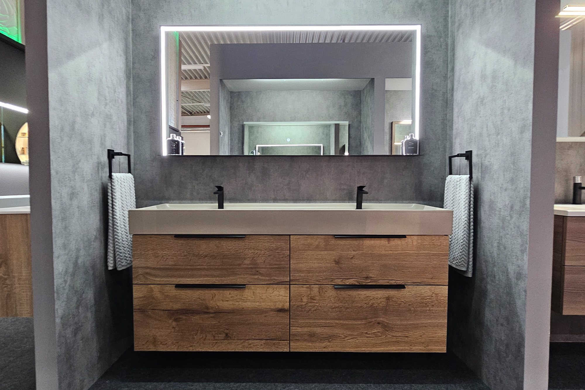 Badmöbel Set Doppelwaschtisch 160 cm Tabak Eiche Waschtisch mit Keramik 160 TAUPE matt