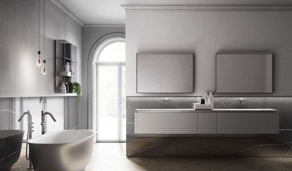 Die elegante Badmöbel Serie Dolcevita von Idea Group mit freistehender Badewanne in Grau-Weiß verleiht Ihrem Badezimmer eine luxuriöse Atmosphäre. Die Badezimmermöbel sind aus hochwertigen Materialien gefertigt und bieten viel Stauraum. Die freistehende Badewanne ist ein besonderes Highlight und lädt zu entspannten Momenten ein.