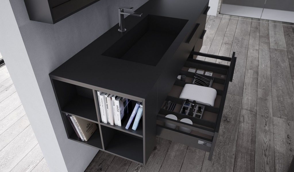 Badmöbel Serie CUBIK mit stilvoller schwarzer Optik und schwarzem Waschbecken von IDEA GROUP, mit schwarzen Griffen und seitlichem offenen Regal.