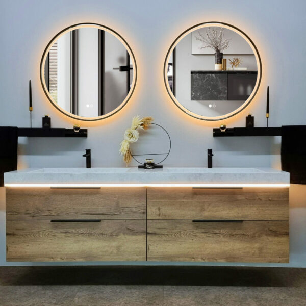 Exklusives Badezimmermöbel-Set Tabak-Eiche in 160, 200 und 240cm Breite mit Doppelwaschtisch aus Naturstein-Marmor