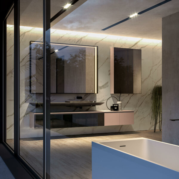 Badmöbel-Set - Spiegel und Seitenschränke_exklusive-badmöbel-waschtisch-fossiles-holz-waschtischplatte-mit-naturstein-waschbecken-badezimmermoebel-cubik