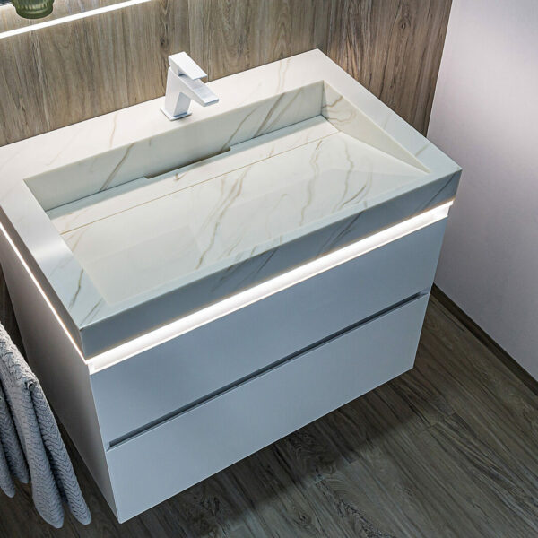 Exklusive Gäste-WC Badmöbel: 80 cm Waschtisch mit stilvollem Carrara Waschbecken.