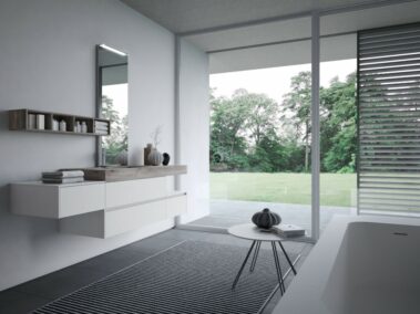 ideagroup-nyu-badmöbel-Badausstellung Osnabrück - mit integriertem Waschbecken aus Laminat Unicolor HPL Texas, Wandspiegel aus Aluminium