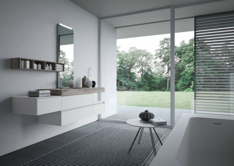 ideagroup-nyu-badmöbel-Badausstellung Osnabrück - mit integriertem Waschbecken aus Laminat Unicolor HPL Texas, Wandspiegel aus Aluminium